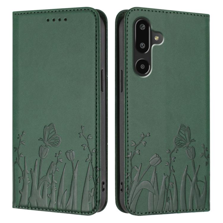 For Samsung Galaxy F16 5G Tulips Butterfly Pattern Magnetic Vegan Leather Phone Case