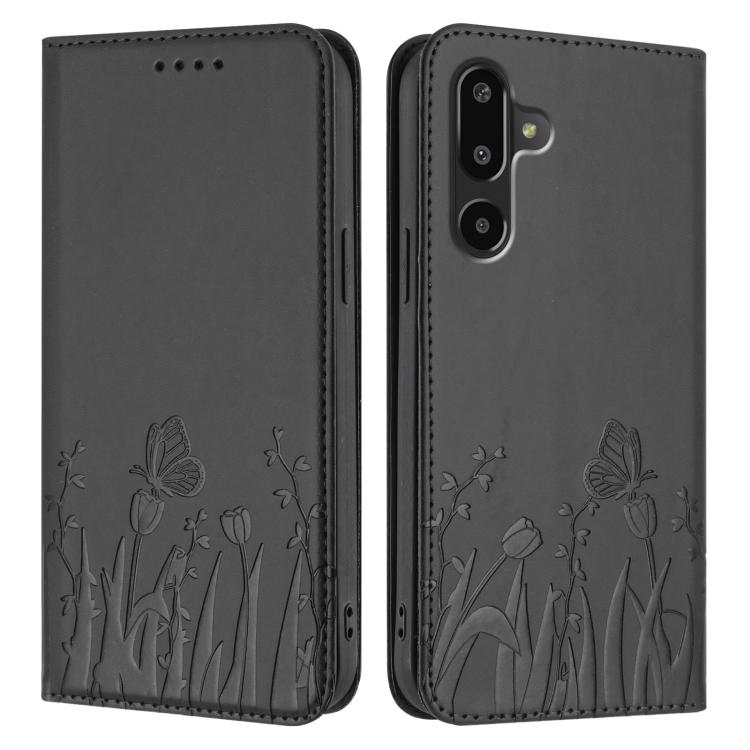 For Samsung Galaxy F16 5G Tulips Butterfly Pattern Magnetic Vegan Leather Phone Case