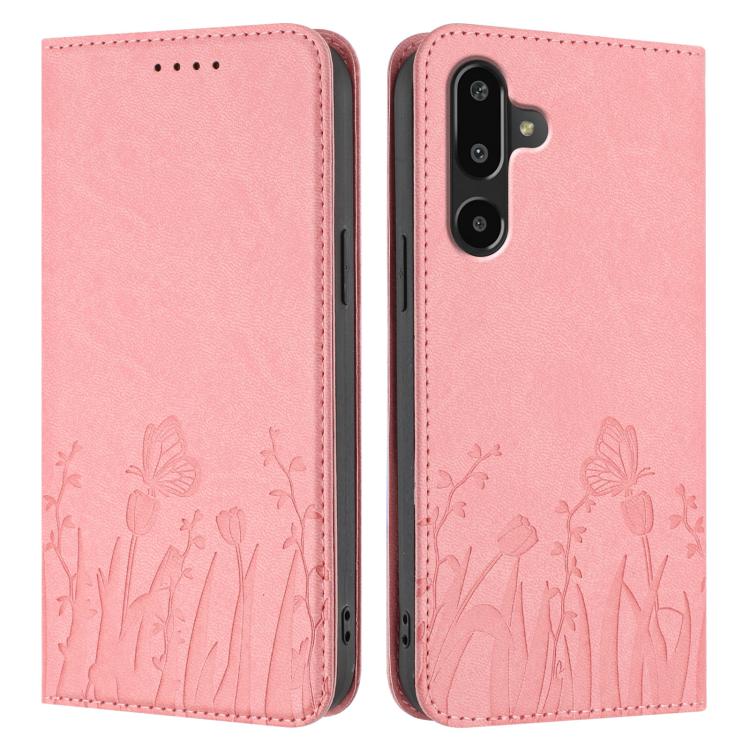 For Samsung Galaxy F16 5G Tulips Butterfly Pattern Magnetic Vegan Leather Phone Case