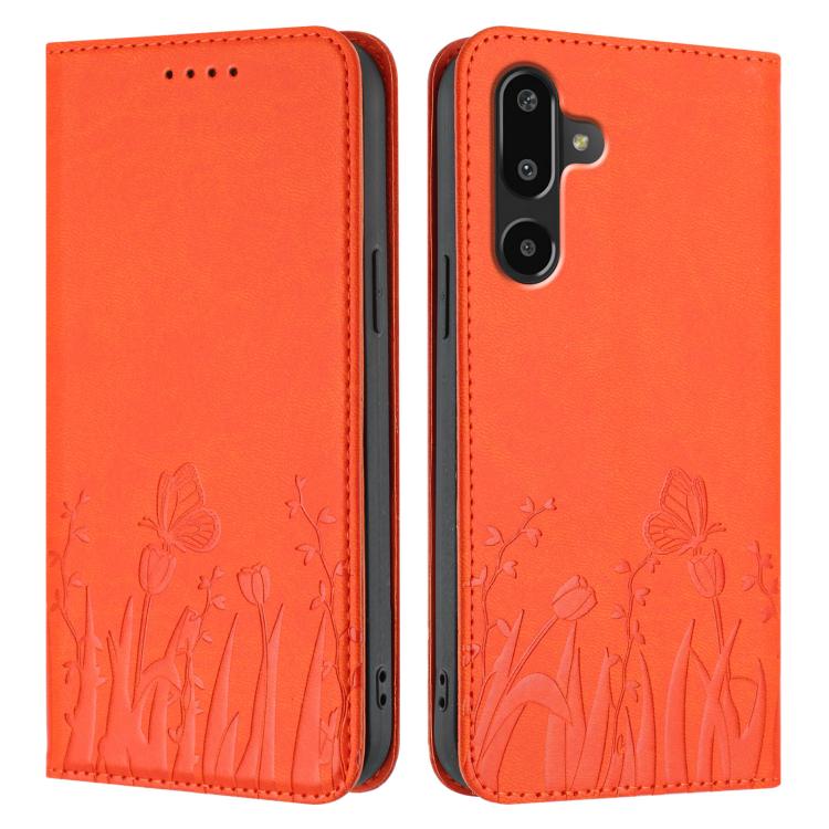For Samsung Galaxy F16 5G Tulips Butterfly Pattern Magnetic Vegan Leather Phone Case