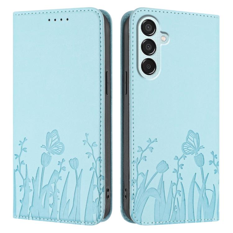 For Samsung Galaxy F15 / M15 Tulips Butterfly Pattern Magnetic Vegan Leather Phone Case