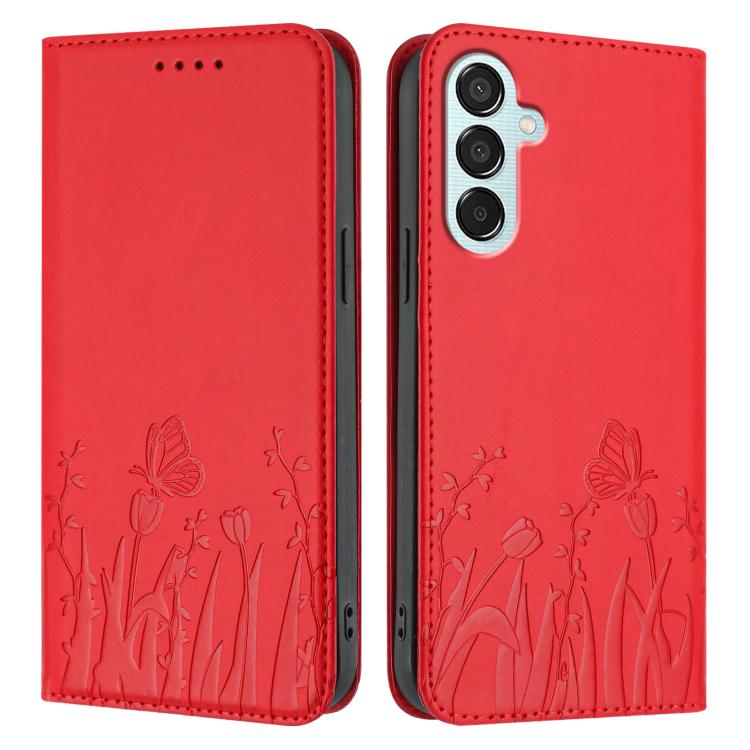 For Samsung Galaxy F15 / M15 Tulips Butterfly Pattern Magnetic Vegan Leather Phone Case