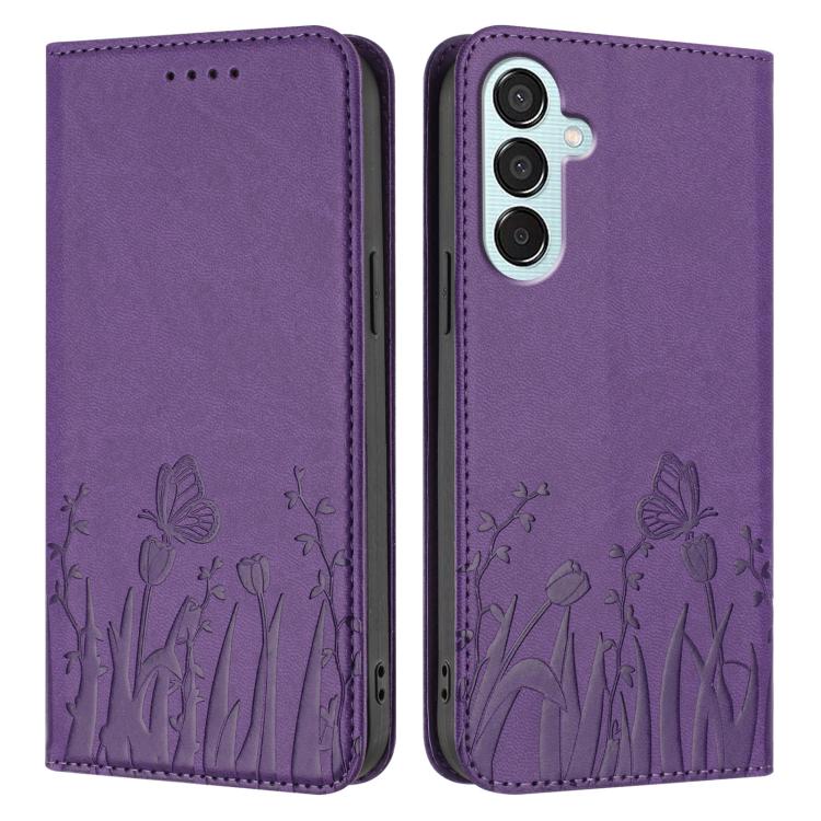 For Samsung Galaxy F15 / M15 Tulips Butterfly Pattern Magnetic Vegan Leather Phone Case