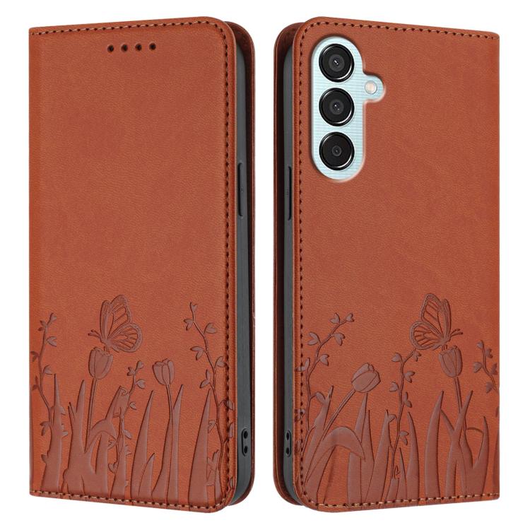 For Samsung Galaxy F15 / M15 Tulips Butterfly Pattern Magnetic Vegan Leather Phone Case