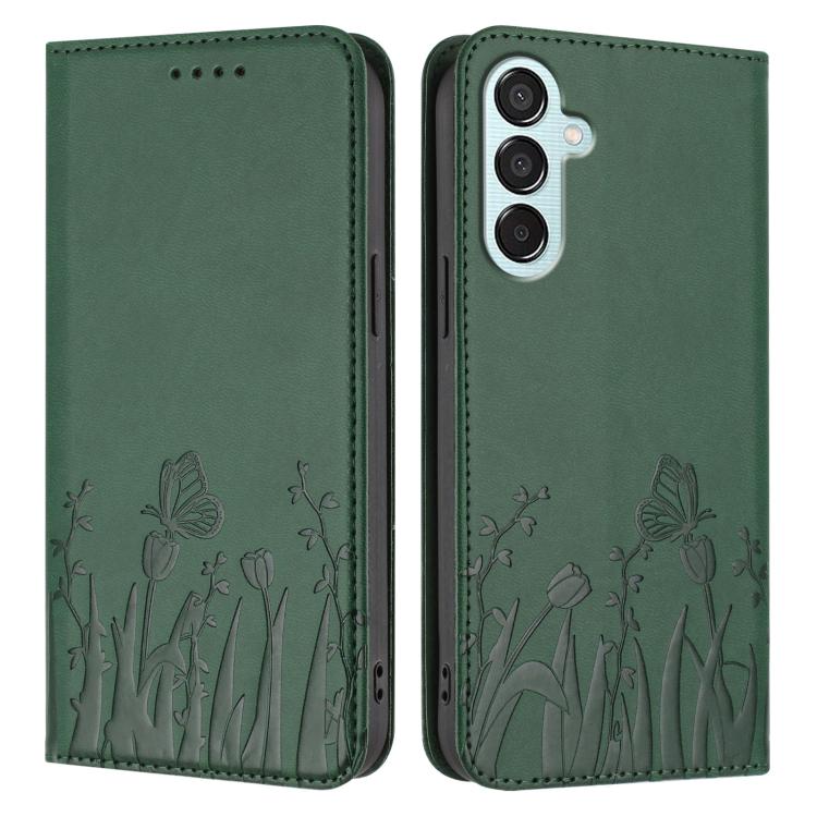 For Samsung Galaxy F15 / M15 Tulips Butterfly Pattern Magnetic Vegan Leather Phone Case