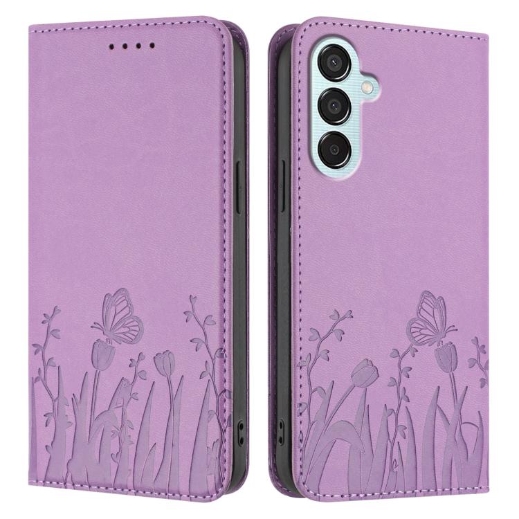 For Samsung Galaxy F15 / M15 Tulips Butterfly Pattern Magnetic Vegan Leather Phone Case