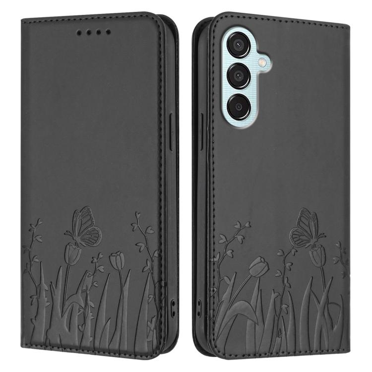 For Samsung Galaxy F15 / M15 Tulips Butterfly Pattern Magnetic Vegan Leather Phone Case