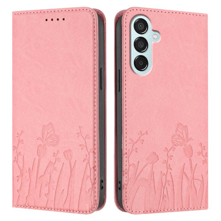 For Samsung Galaxy F15 / M15 Tulips Butterfly Pattern Magnetic Vegan Leather Phone Case