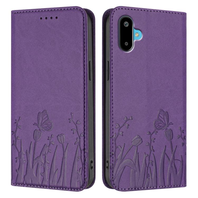 For Samsung Galaxy F06 5G Tulips Butterfly Pattern Magnetic Vegan Leather Phone Case