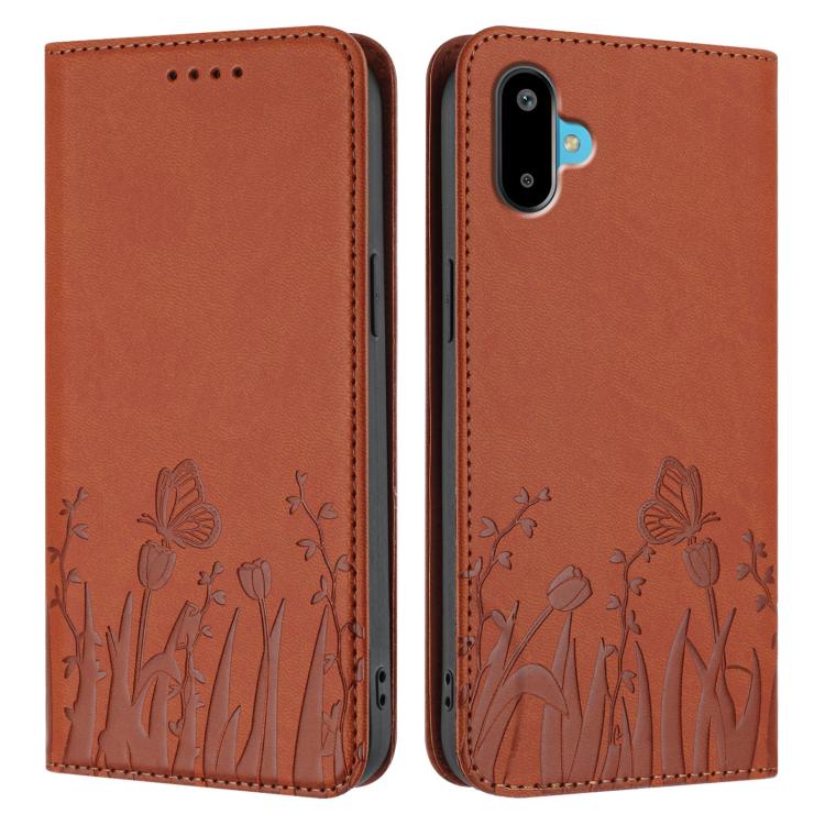 For Samsung Galaxy F06 5G Tulips Butterfly Pattern Magnetic Vegan Leather Phone Case