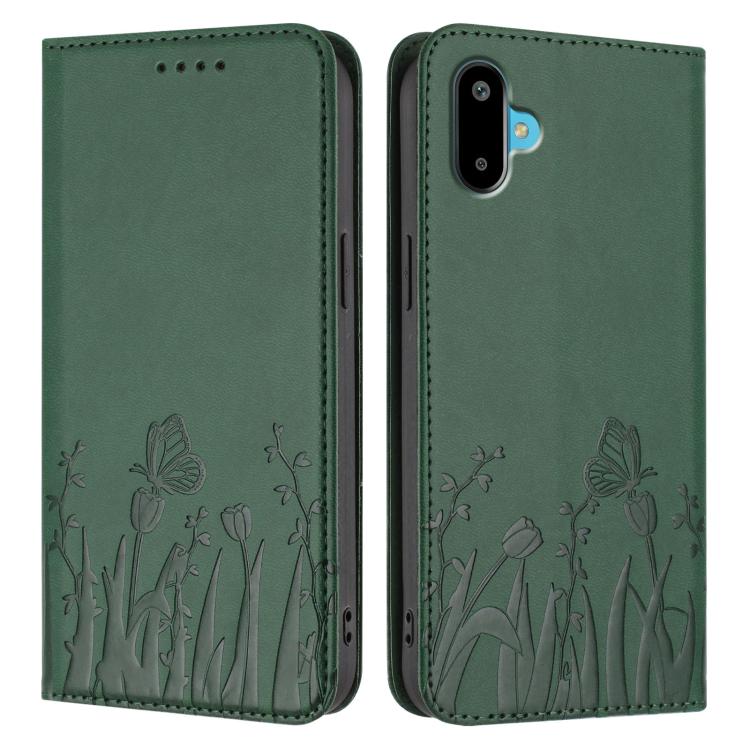 For Samsung Galaxy F06 5G Tulips Butterfly Pattern Magnetic Vegan Leather Phone Case