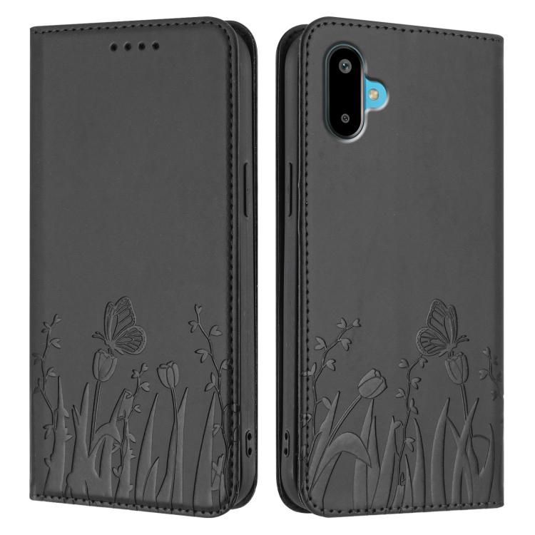 For Samsung Galaxy F06 5G Tulips Butterfly Pattern Magnetic Vegan Leather Phone Case