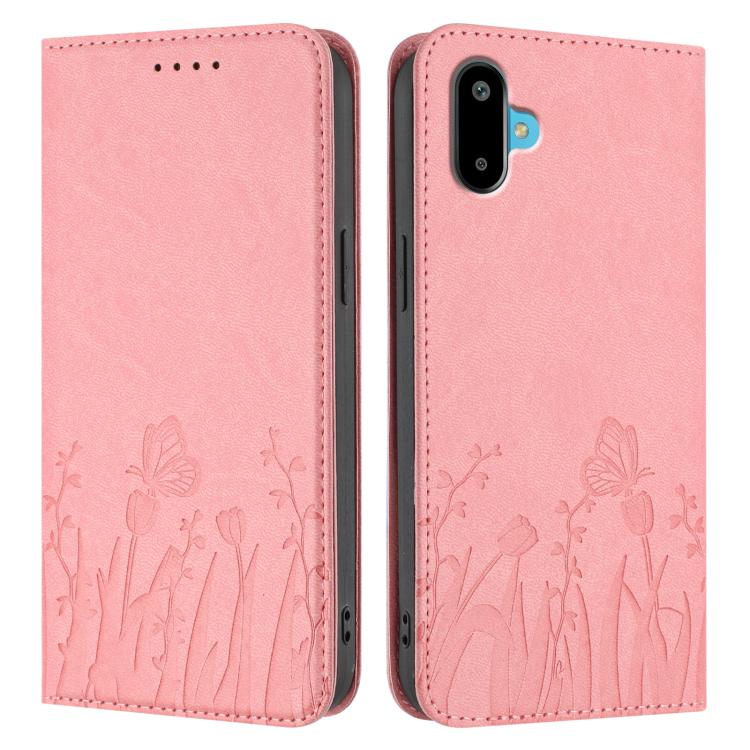For Samsung Galaxy F06 5G Tulips Butterfly Pattern Magnetic Vegan Leather Phone Case
