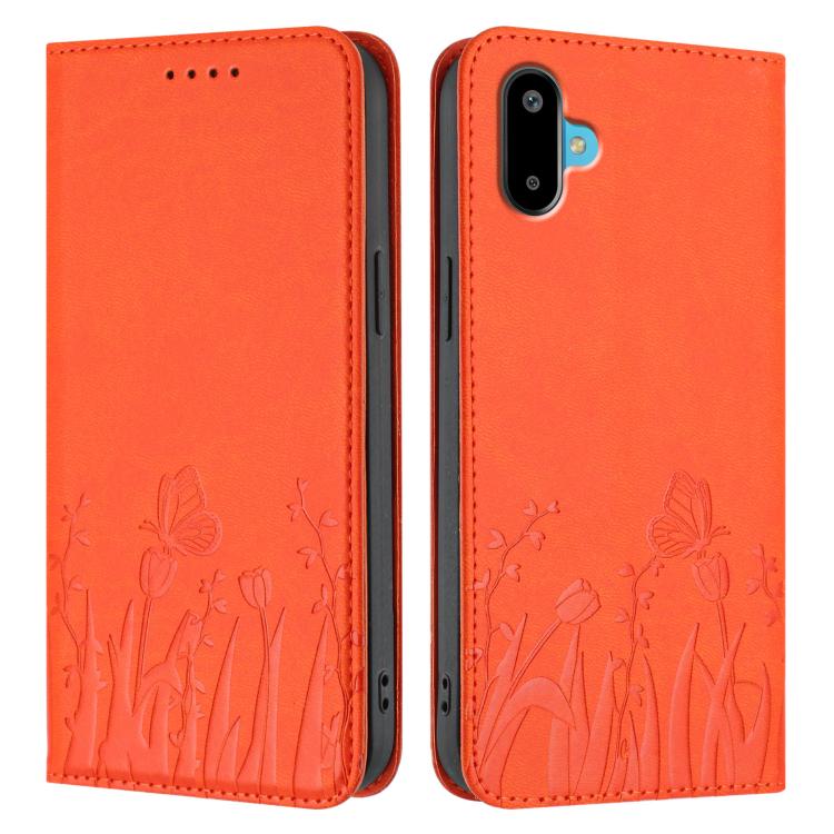 For Samsung Galaxy F06 5G Tulips Butterfly Pattern Magnetic Vegan Leather Phone Case