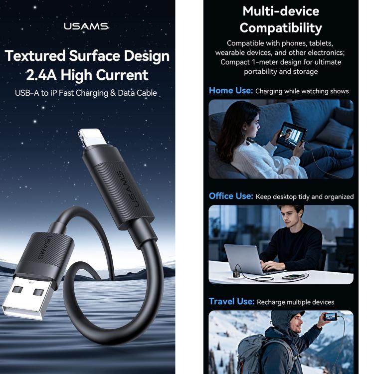 USAMS SJ778 U94 USB to 8pin 2.4A Fast Charging Data Cable, Length:1m - Black