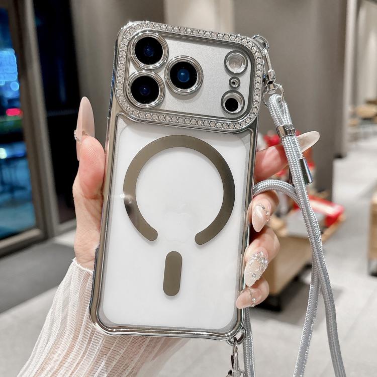 For iPhone 17 Pro Max Rhinestone Clear Acrylic Electroplated Magnetic Phone Case with Right-Side Crossbody Lanyard