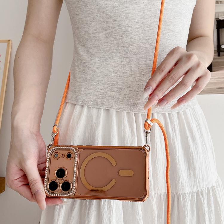 For iPhone 17 Pro Max Rhinestone Clear Acrylic Electroplated Magnetic Phone Case with Right-Side Crossbody Lanyard