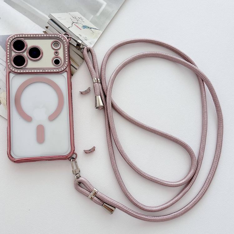 For iPhone 17 Pro Max Rhinestone Clear Acrylic Electroplated Magnetic Phone Case with Right-Side Crossbody Lanyard