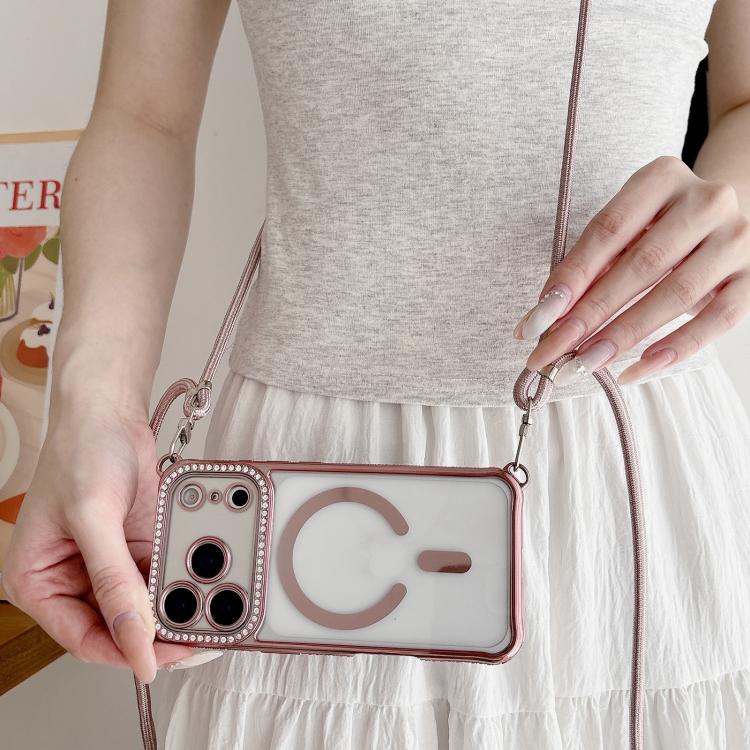 For iPhone 17 Pro Max Rhinestone Clear Acrylic Electroplated Magnetic Phone Case with Right-Side Crossbody Lanyard