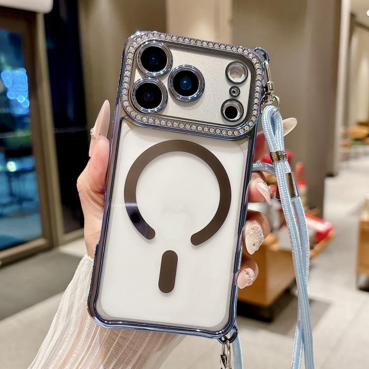 For iPhone 17 Pro Max Rhinestone Clear Acrylic Electroplated Magnetic Phone Case with Right-Side Crossbody Lanyard