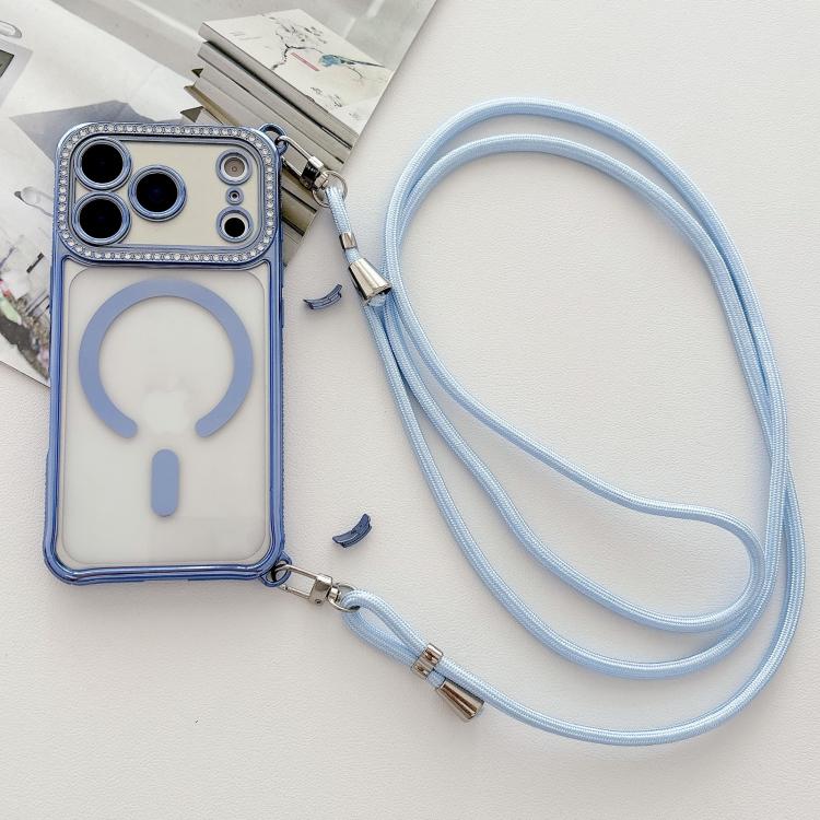 For iPhone 17 Pro Max Rhinestone Clear Acrylic Electroplated Magnetic Phone Case with Right-Side Crossbody Lanyard