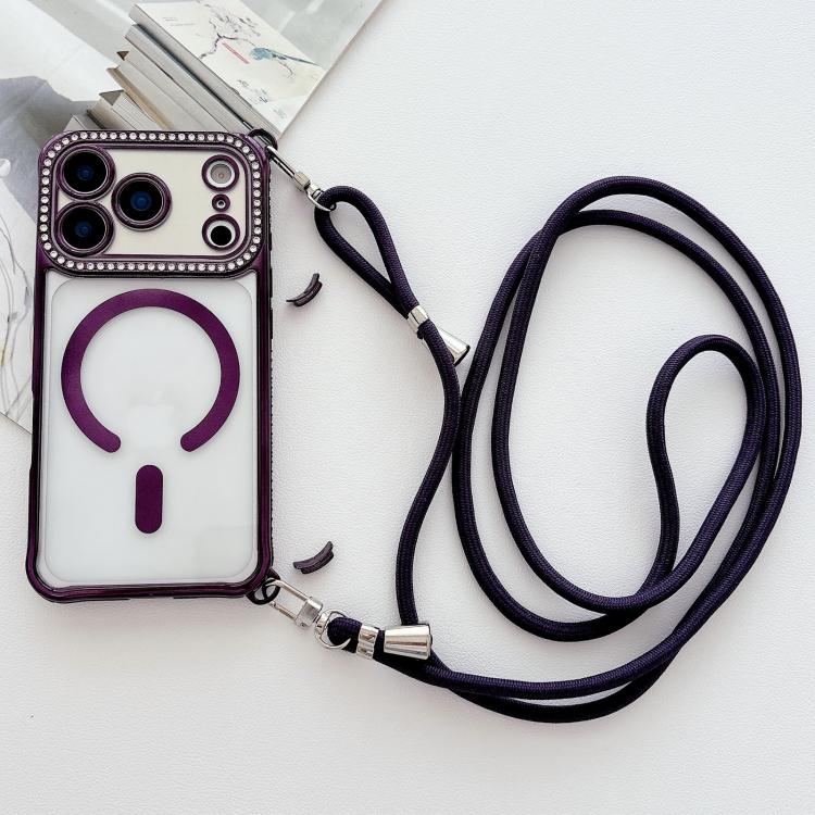 For iPhone 17 Pro Max Rhinestone Clear Acrylic Electroplated Magnetic Phone Case with Right-Side Crossbody Lanyard
