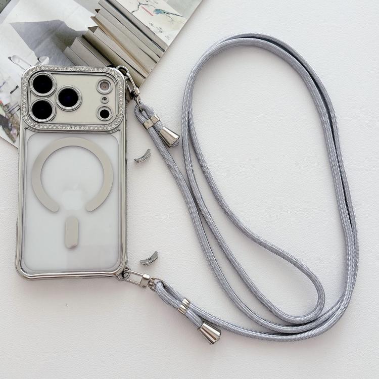 For iPhone 17 Pro Rhinestone Clear Acrylic Electroplated Magnetic Phone Case with Right-Side Crossbody Lanyard