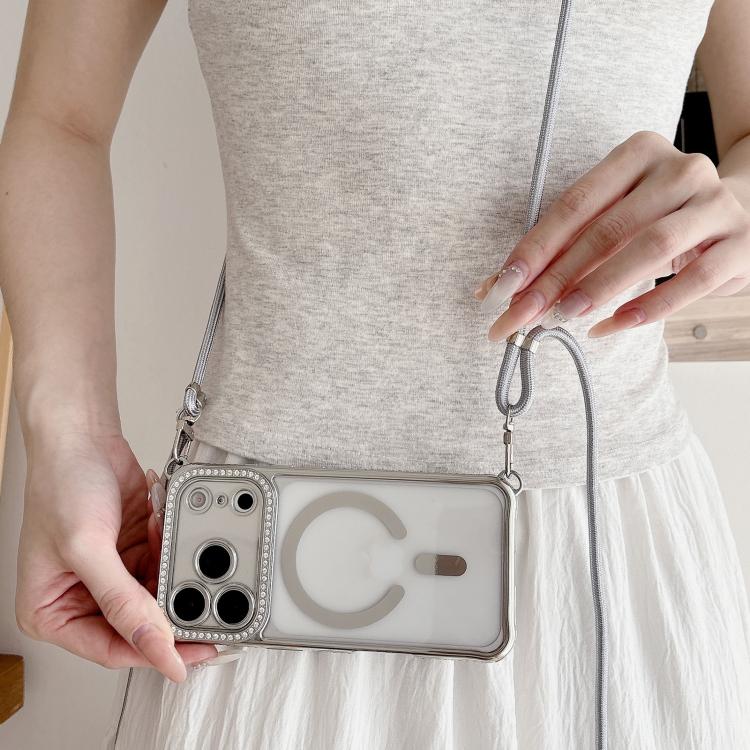 For iPhone 17 Pro Rhinestone Clear Acrylic Electroplated Magnetic Phone Case with Right-Side Crossbody Lanyard