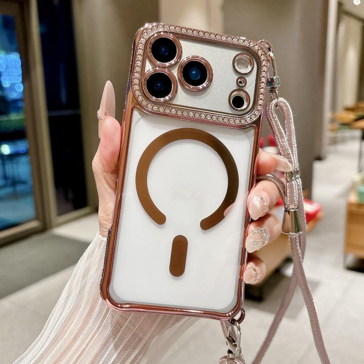 For iPhone 17 Pro Rhinestone Clear Acrylic Electroplated Magnetic Phone Case with Right-Side Crossbody Lanyard