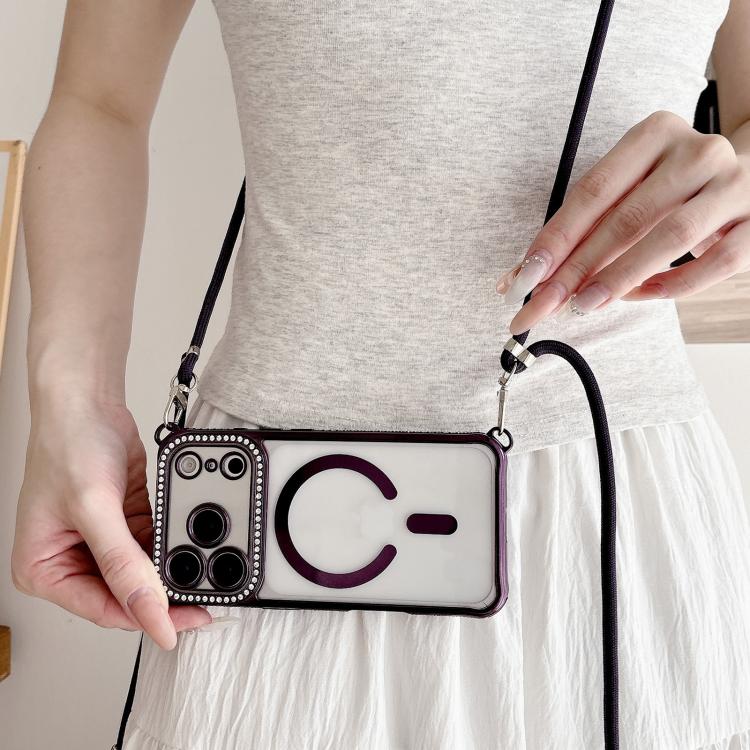 For iPhone 17 Pro Rhinestone Clear Acrylic Electroplated Magnetic Phone Case with Right-Side Crossbody Lanyard