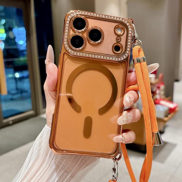 For iPhone 17 Rhinestone Clear Acrylic Electroplated Magnetic Phone Case with Right-Side Crossbody Lanyard