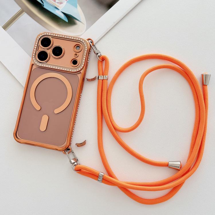 For iPhone 17 Rhinestone Clear Acrylic Electroplated Magnetic Phone Case with Right-Side Crossbody Lanyard