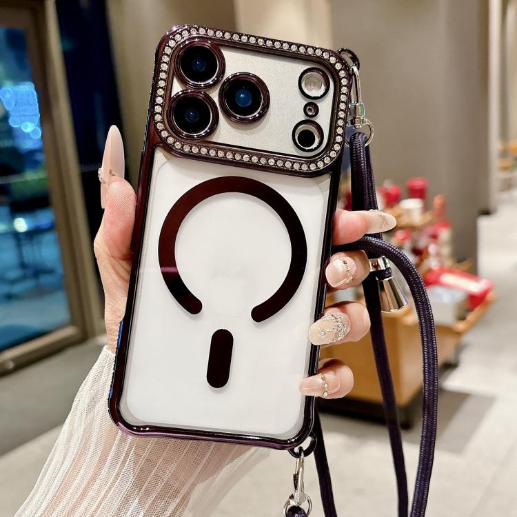 For iPhone Air Rhinestone Clear Acrylic Electroplated Magnetic Phone Case with Right-Side Crossbody Lanyard
