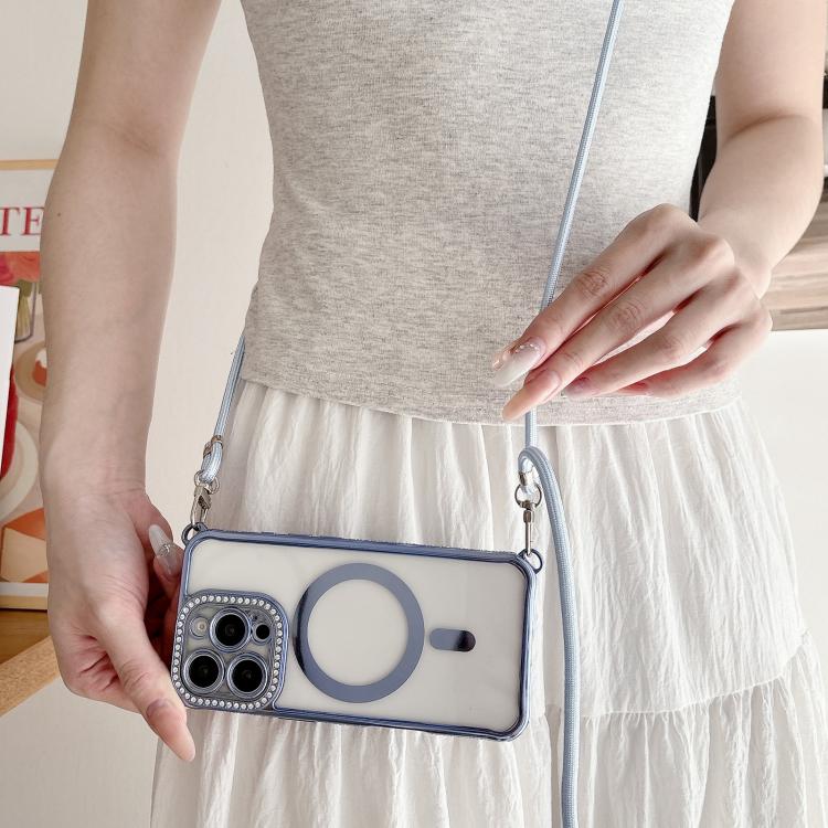 For iPhone 16 Pro Max Rhinestone Clear Acrylic Electroplated Magnetic Phone Case with Right-Side Crossbody Lanyard