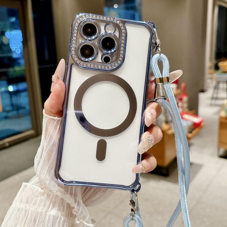 For iPhone 16 Pro Rhinestone Clear Acrylic Electroplated Magnetic Phone Case with Right-Side Crossbody Lanyard