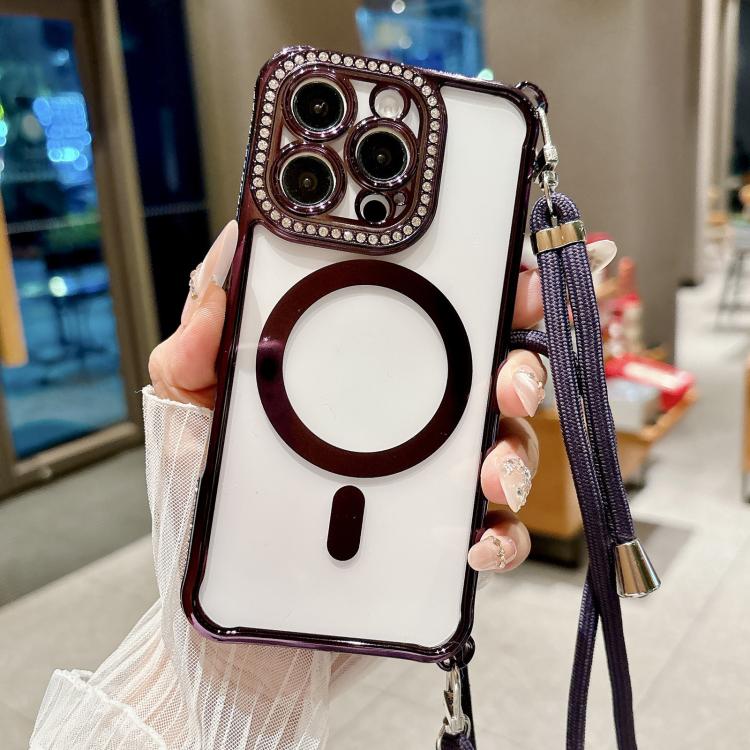 For iPhone 16 Pro Rhinestone Clear Acrylic Electroplated Magnetic Phone Case with Right-Side Crossbody Lanyard