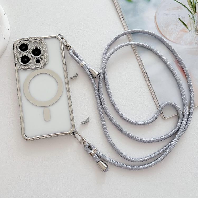 For iPhone 16 Plus Rhinestone Clear Acrylic Electroplated Magnetic Phone Case with Right-Side Crossbody Lanyard