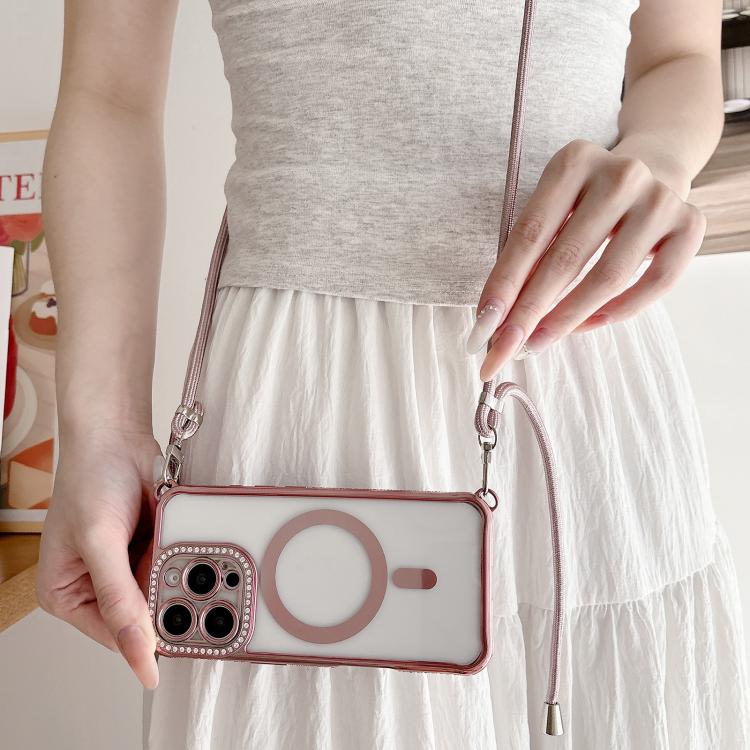 For iPhone 16 Plus Rhinestone Clear Acrylic Electroplated Magnetic Phone Case with Right-Side Crossbody Lanyard