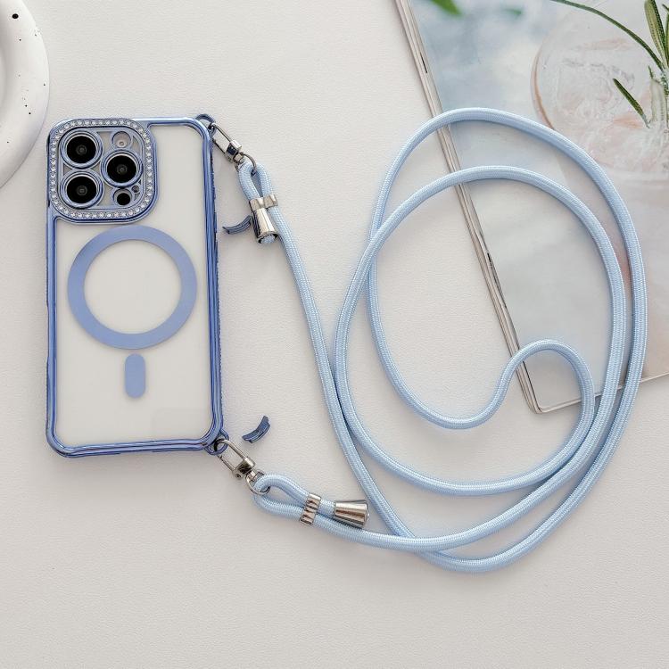 For iPhone 16 Plus Rhinestone Clear Acrylic Electroplated Magnetic Phone Case with Right-Side Crossbody Lanyard