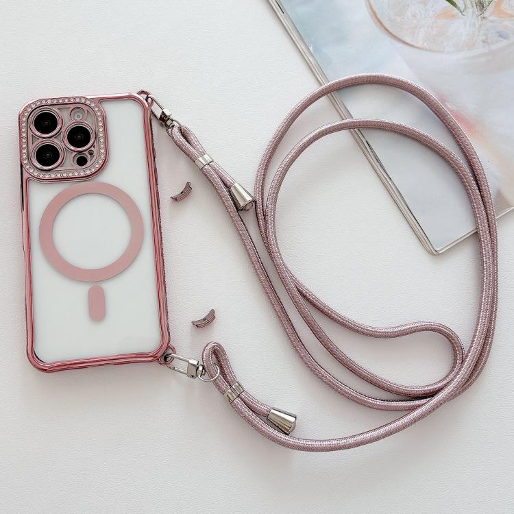 For iPhone 16 Rhinestone Clear Acrylic Electroplated Magnetic Phone Case with Right-Side Crossbody Lanyard