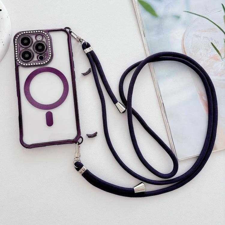 For iPhone 16 Rhinestone Clear Acrylic Electroplated Magnetic Phone Case with Right-Side Crossbody Lanyard