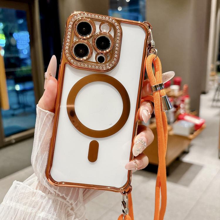 For iPhone 15 Plus / 14 Plus Rhinestone Clear Acrylic Electroplated Magnetic Phone Case with Right-Side Crossbody Lanyard