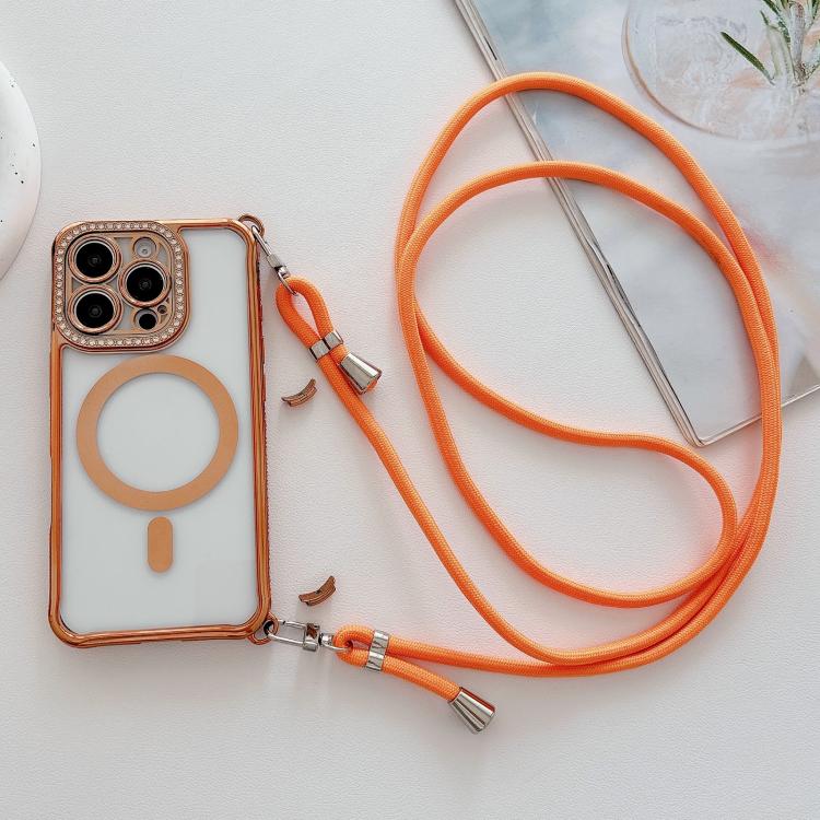 For iPhone 15 Plus / 14 Plus Rhinestone Clear Acrylic Electroplated Magnetic Phone Case with Right-Side Crossbody Lanyard
