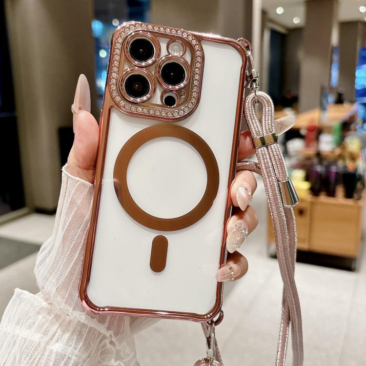 For iPhone 15 Plus / 14 Plus Rhinestone Clear Acrylic Electroplated Magnetic Phone Case with Right-Side Crossbody Lanyard