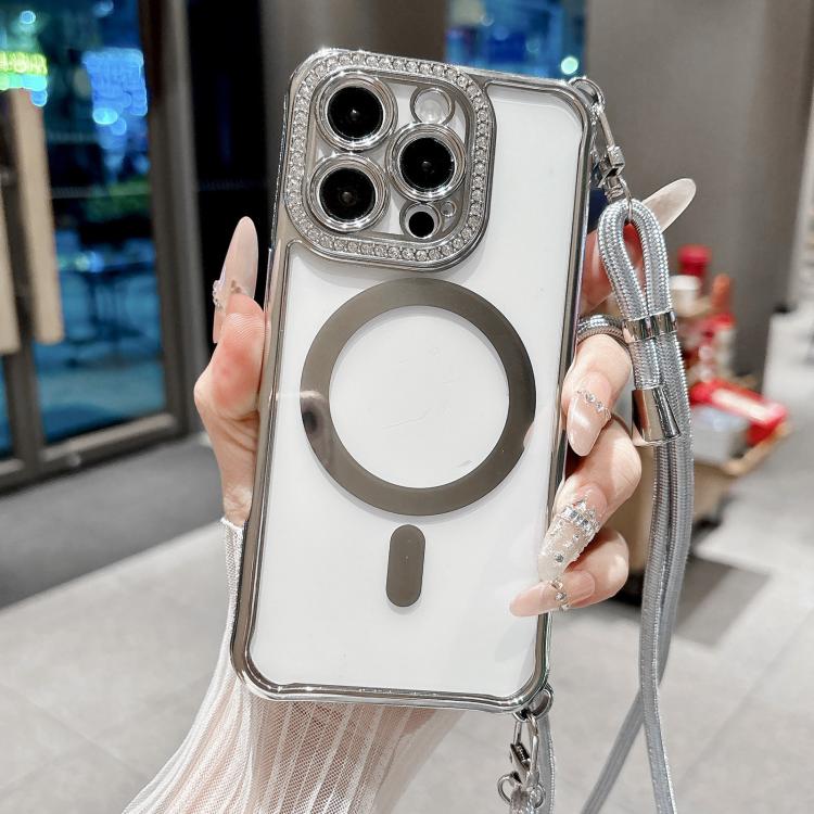 For iPhone 14 Pro Max Rhinestone Clear Acrylic Electroplated Magnetic Phone Case with Right-Side Crossbody Lanyard