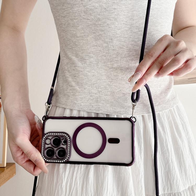 For iPhone 14 Pro Max Rhinestone Clear Acrylic Electroplated Magnetic Phone Case with Right-Side Crossbody Lanyard