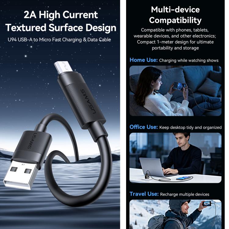 USAMS SJ779 U94 USB to Micro 2A Fast Charging Data Cable, Length:1m - Black