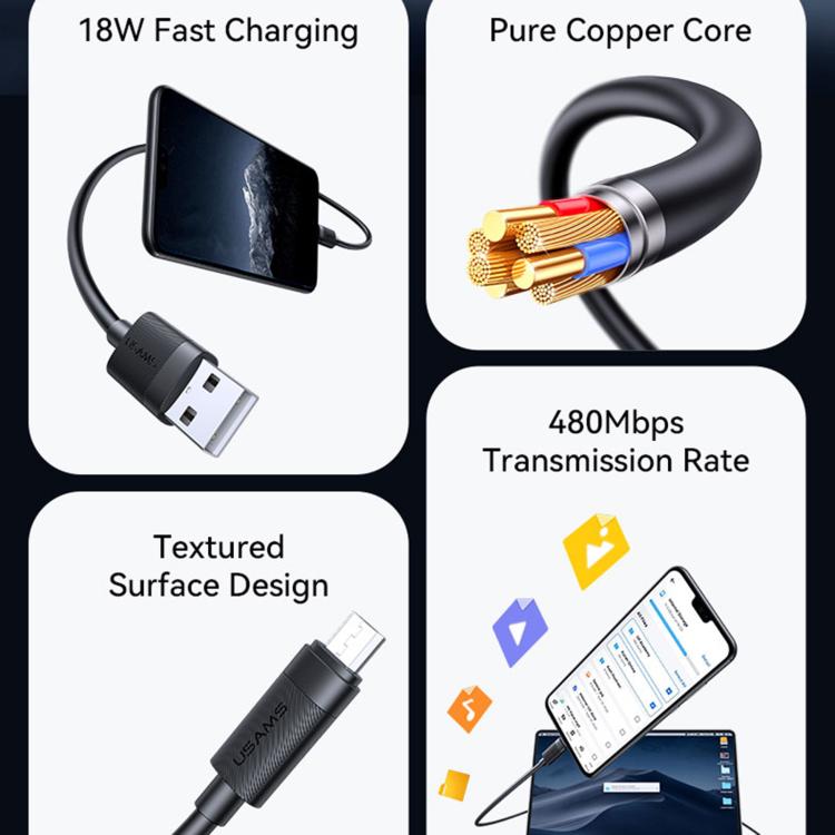 USAMS SJ779 U94 USB to Micro 2A Fast Charging Data Cable, Length:1m - Black