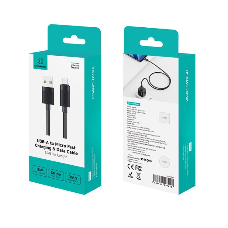 USAMS SJ779 U94 USB to Micro 2A Fast Charging Data Cable, Length:1m - Black