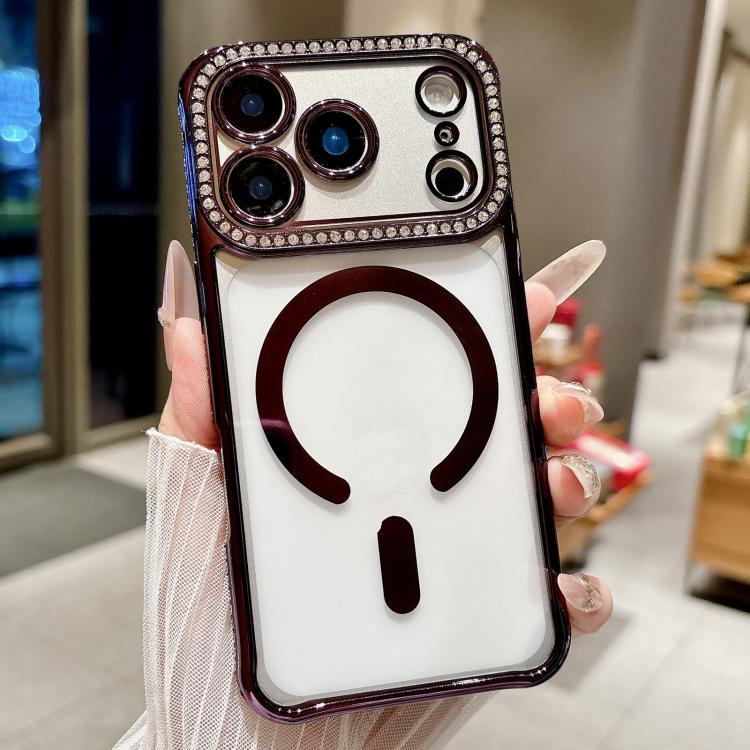 For iPhone 17 Pro Rhinestone Clear Acrylic Electroplated Magnetic Phone Case